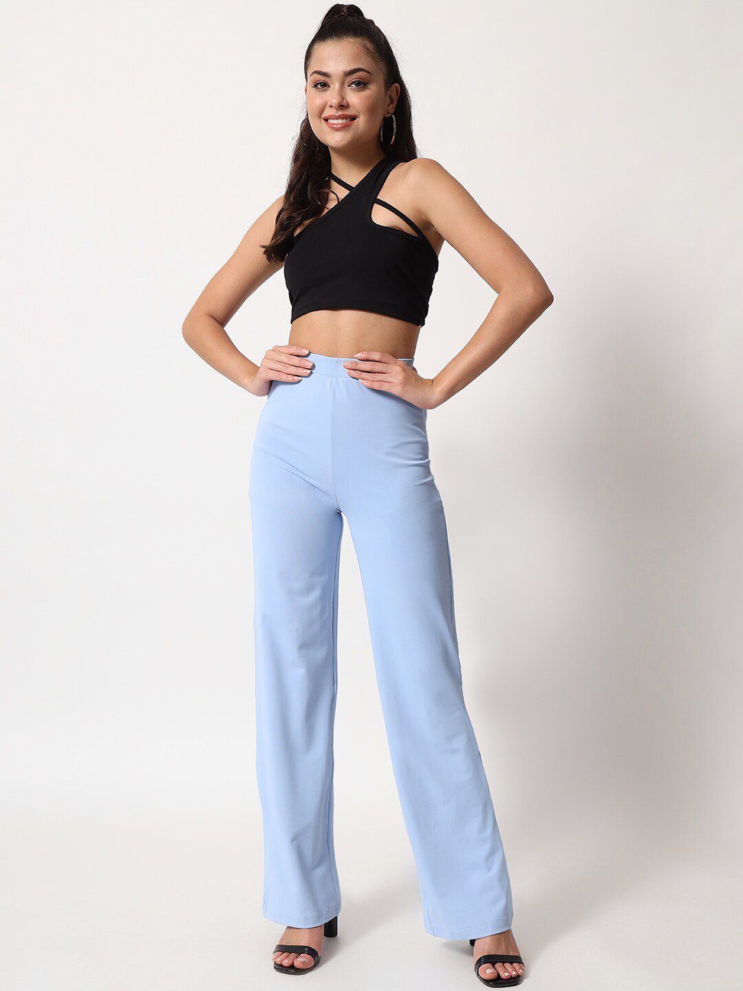 Kotty Women Blue Relaxed Straight Leg Straight Fit High Rise Easy Wash Trouser