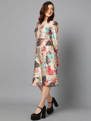 Kotty Off White & Black Ethnic Motifs Printed Puffed Sleeves A-Line Dress