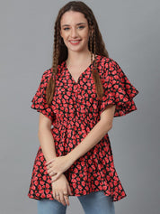 Kotty Red & Black Floral Printed Flared Sleeves Wrap Longline Top