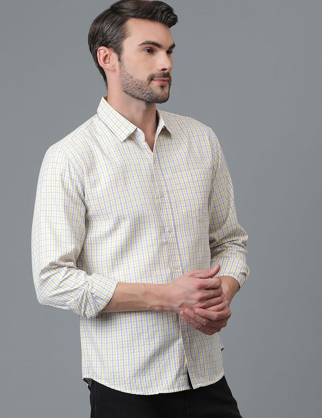 Kotty White & Yellow New Checked Spread Collar Casual Shirt