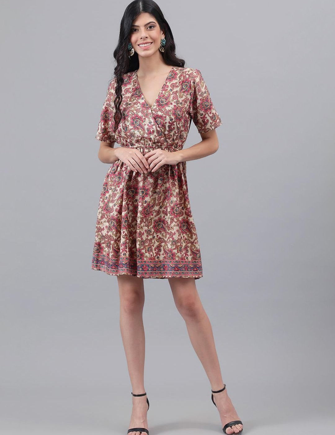 Kotty Brown & Cream Ethnic Motifs Printed Dress