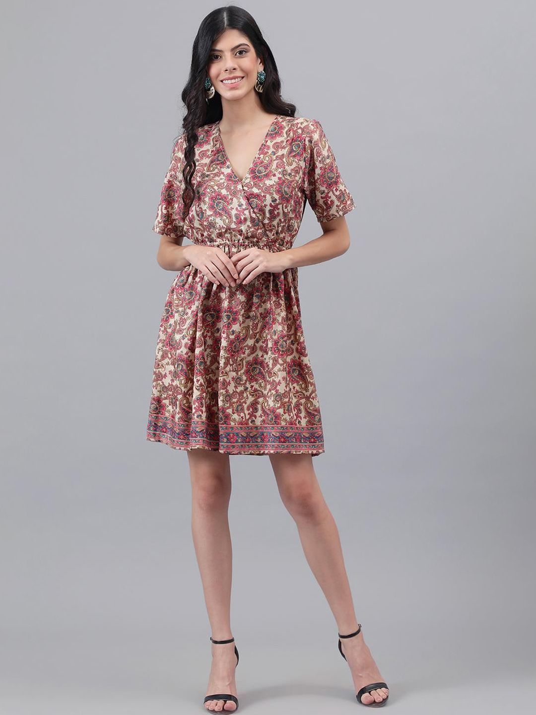 Kotty Brown & Cream Ethnic Motifs Printed Dress