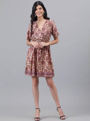 Kotty Brown & Cream Ethnic Motifs Printed Dress