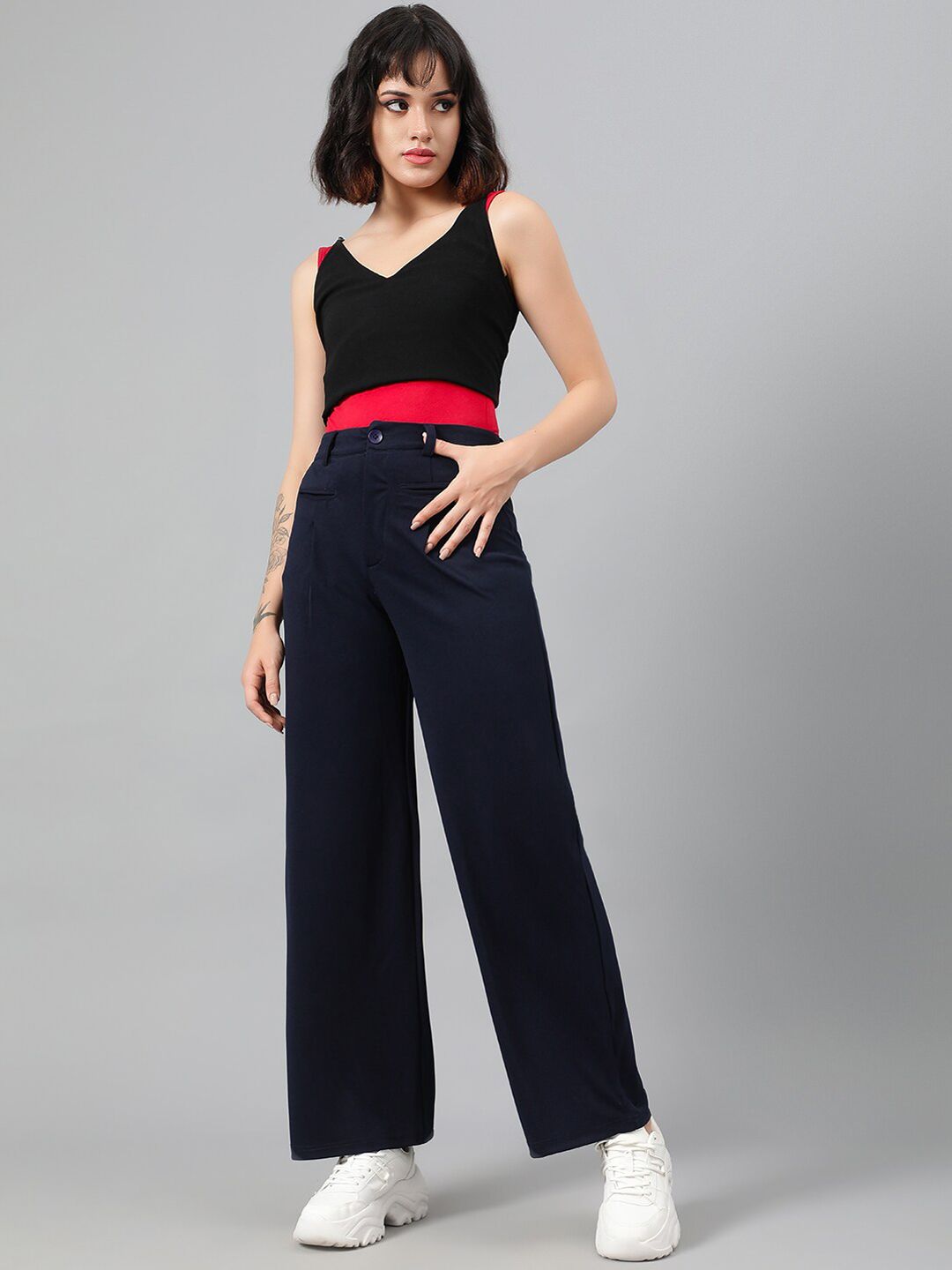 Kotty Women Navy Blue Relaxed Straight Leg Fit High-Rise Easy Wash Parallel Trousers