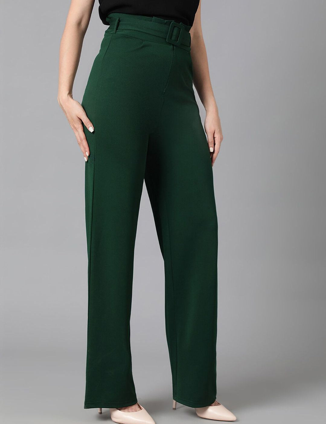 KOTTY BIZwear Women Green Relaxed Straight Leg Easy Wash Parallel Trousers Comes With Belt