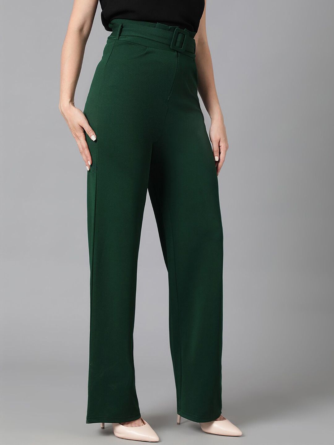 KOTTY BIZwear Women Green Relaxed Straight Leg Easy Wash Parallel Trousers Comes With Belt