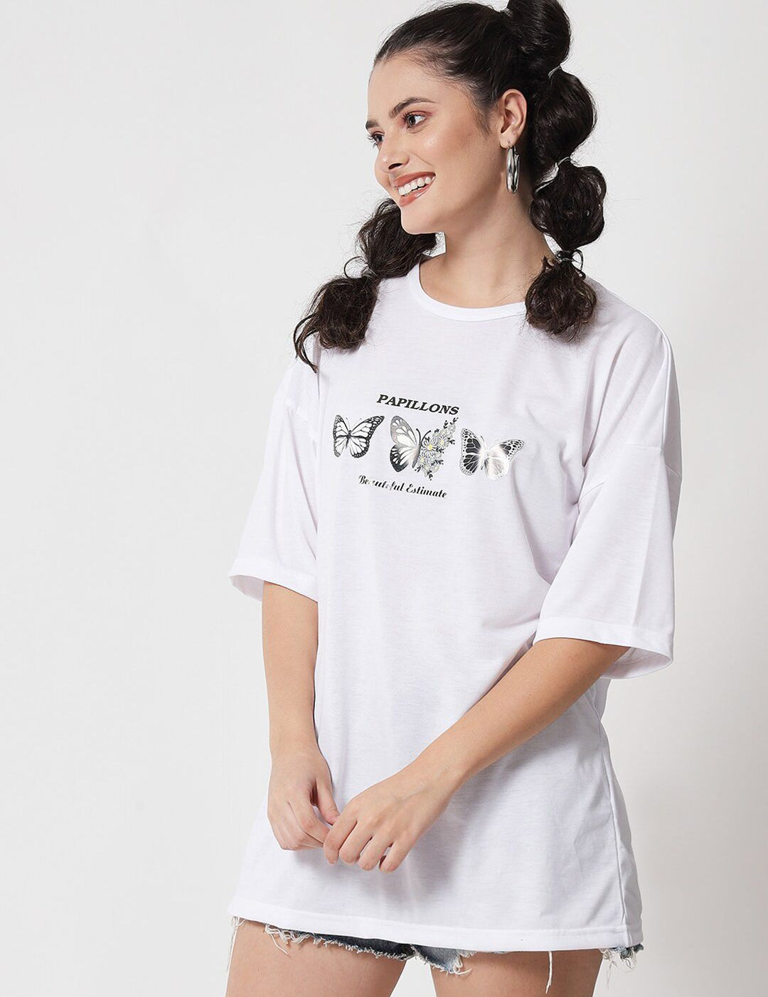 Kotty Women White Typography Printed Extended Sleeves Oversized T-shirt