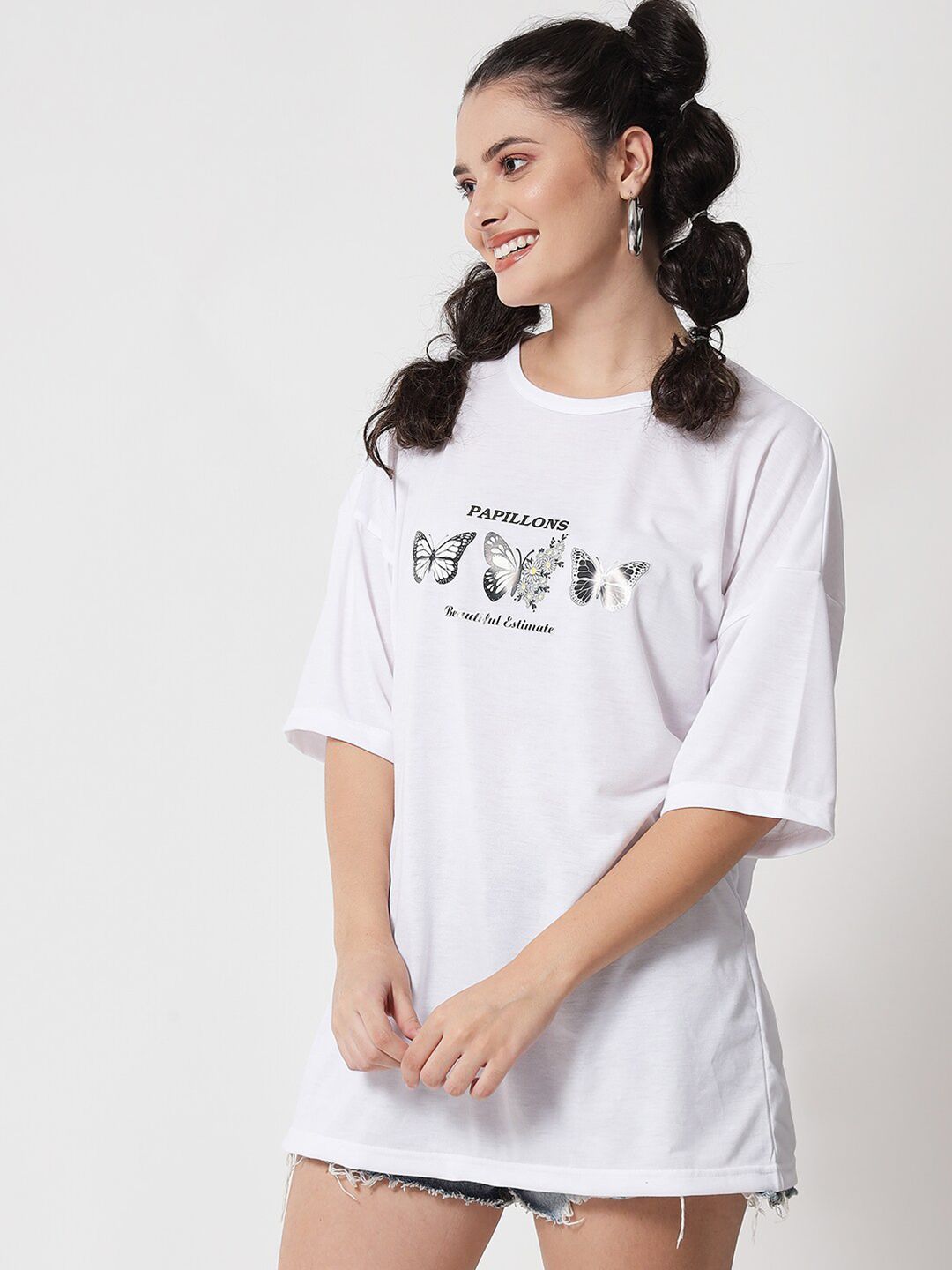 Kotty Women White Typography Printed Extended Sleeves Oversized T-shirt