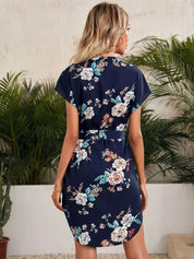 Kotty Navy Blue & Beige Floral Printed Mandarin Collar Extended Sleeves A-Line Dress