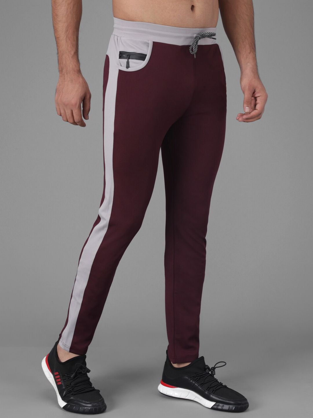 Kotty Men Maroon & Grey-Melange Solid Slim-Fit Track Pants