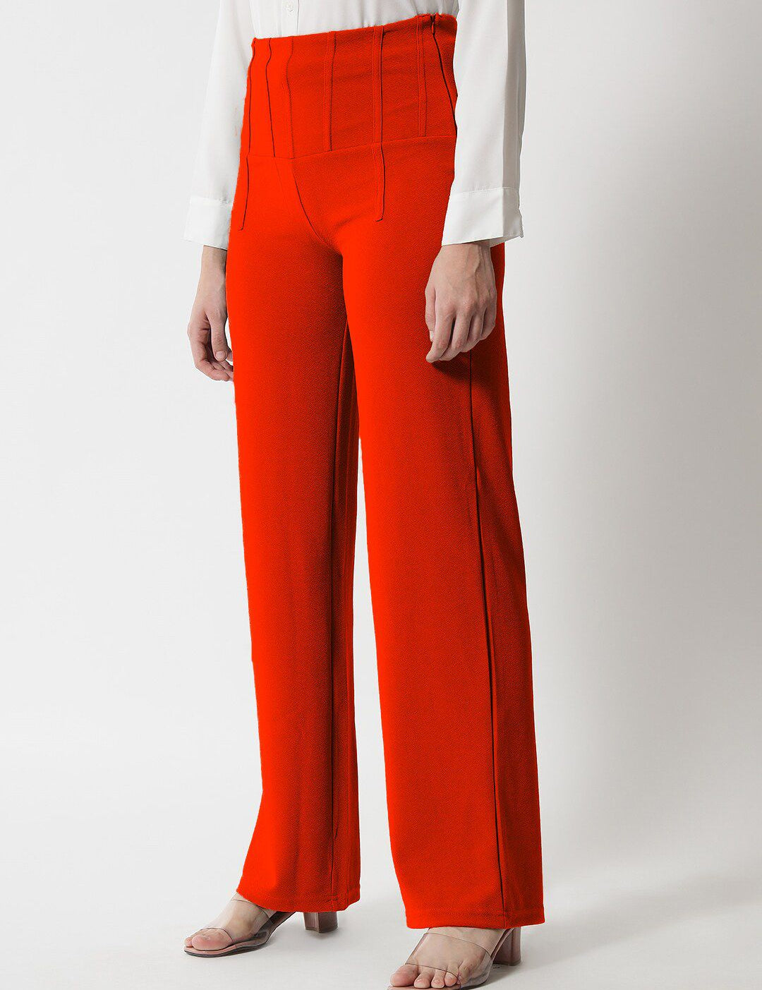 Kotty Women Orange Relaxed Straight Fit High-Rise Easy Wash Pleated Trousers