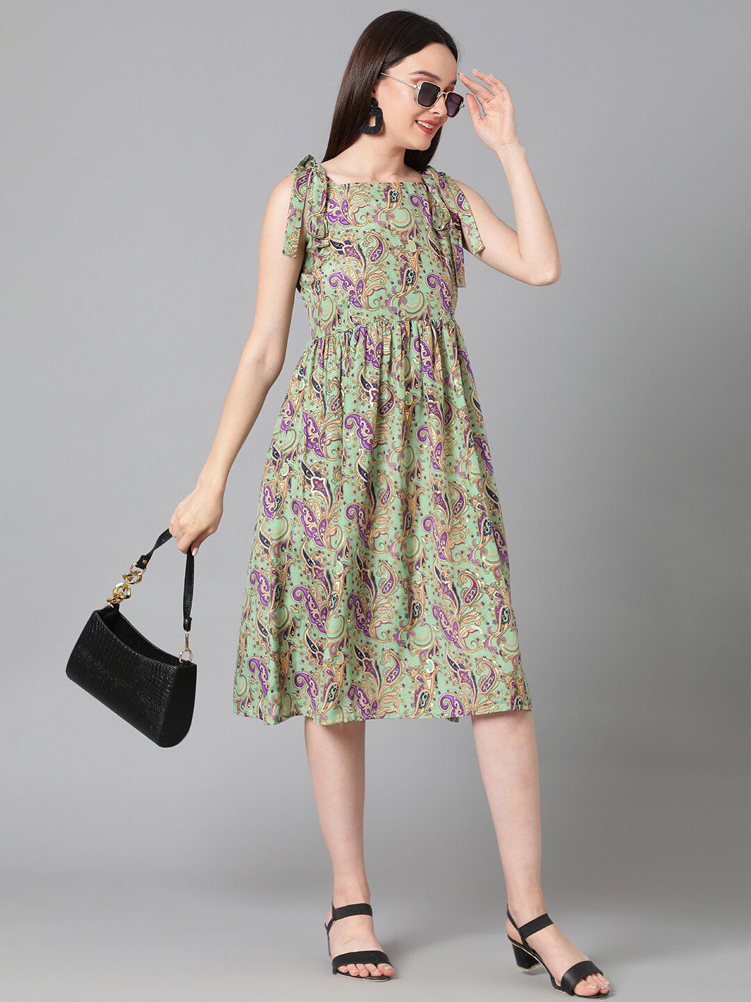 Kotty Sea Green & Purple Ethnic Motif Printed Tie-Up Shoulder Strap Fit & Flare Dress