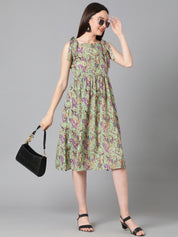 Kotty Sea Green & Purple Ethnic Motif Printed Tie-Up Shoulder Strap Fit & Flare Dress
