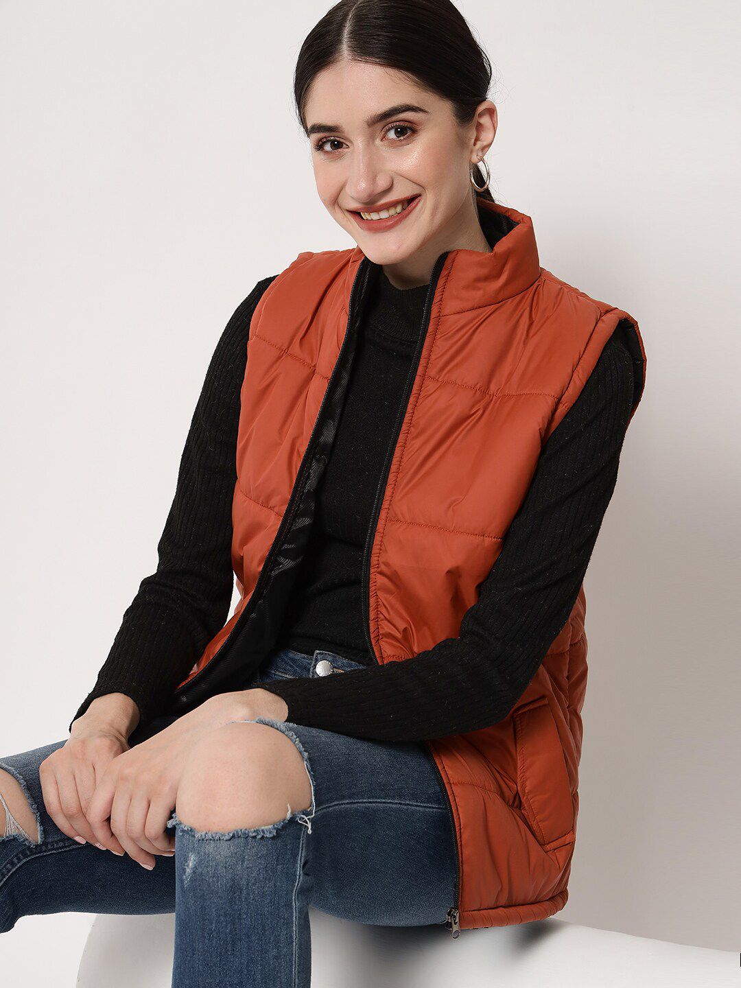 Kotty Women Brown Solid Sleeveless  Padded Jacket