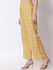 Kotty Women Mustard Yellow Floral Printed Relaxed High-Rise Easy Wash Trousers