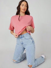 KOTTY Basics Pink Round Neck Drop-Shoulder Sleeves Crop Oversized T-shirt