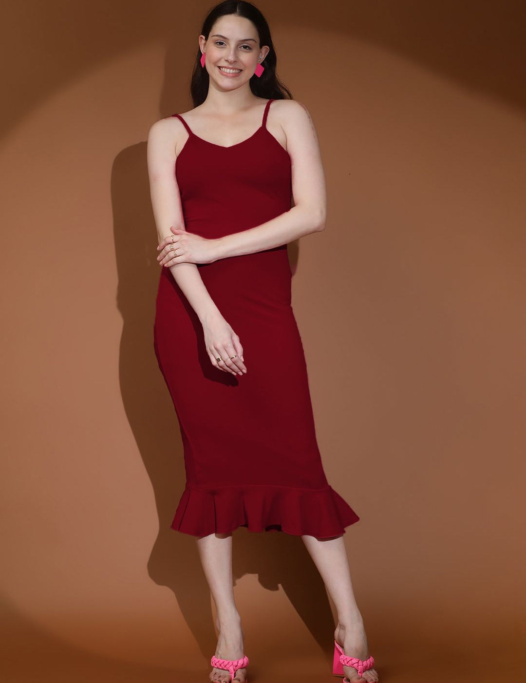 Kotty Women Solid Shoulder Straps Sleeveless Bodycon Dress