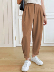 Kotty Women Brown Relaxed Straight Fit High-Rise Easy Wash Pleated Trousers