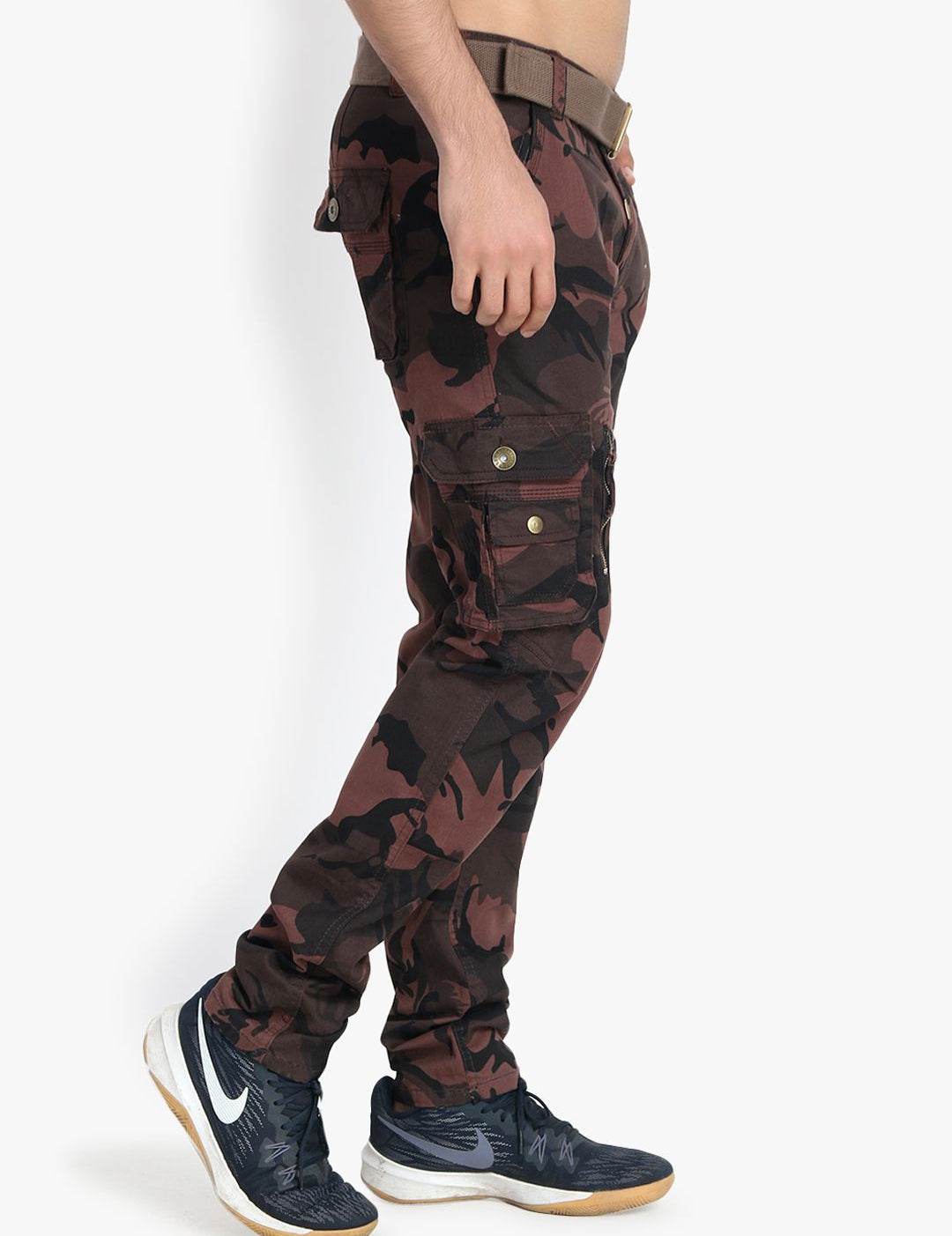 Kotty Men Olive Green & Brown Regular Fit Printed Cargos