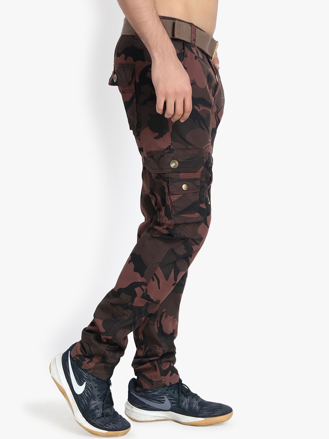 Kotty Men Olive Green & Brown Regular Fit Printed Cargos