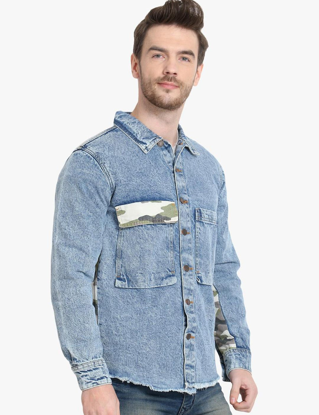 Kotty Men Blue Printed Denim Jacket