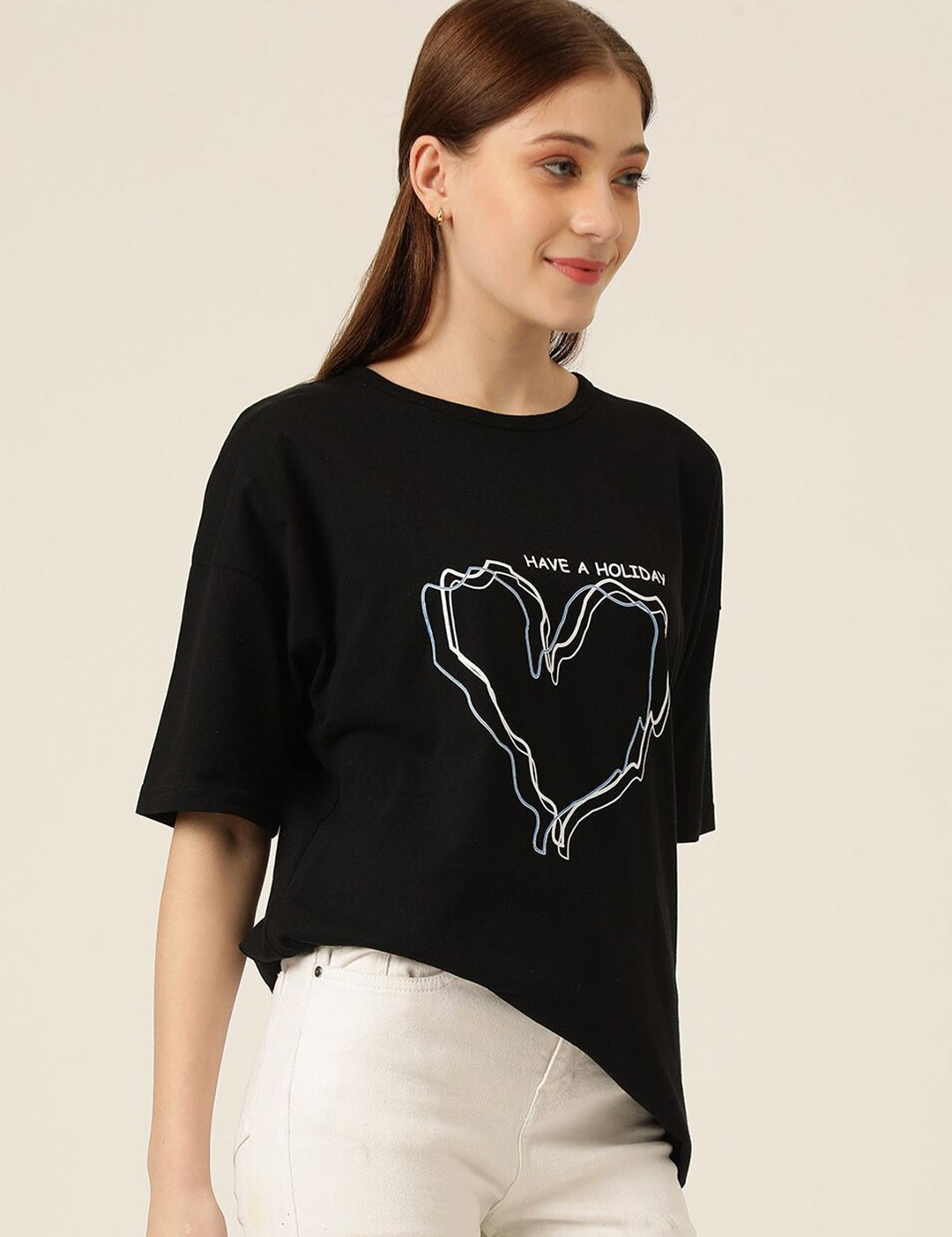 KOTTY Basics Graphic Printed Round Neck Drop-Shoulder Sleeves Oversized T-shirt
