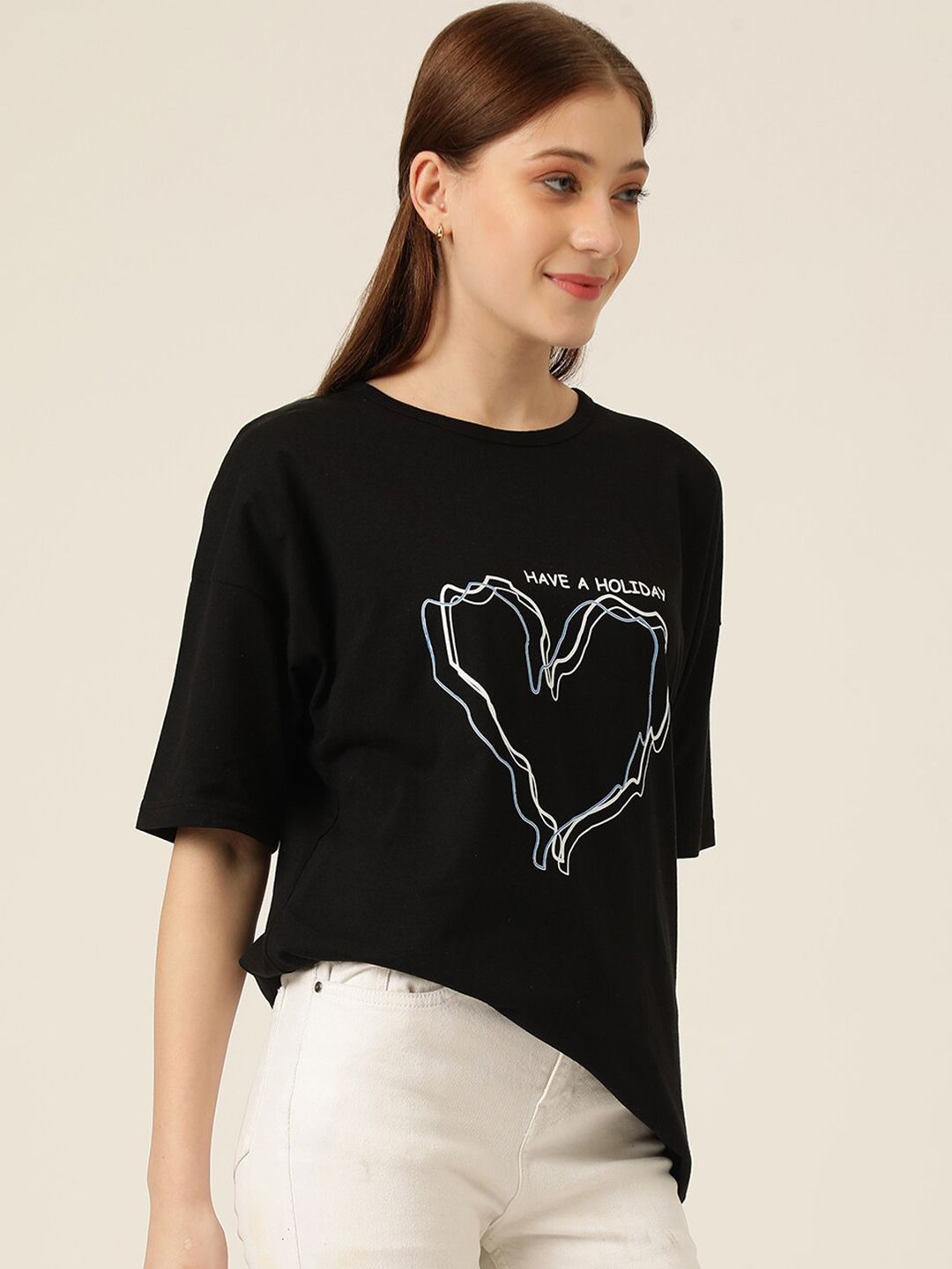 KOTTY Basics Graphic Printed Round Neck Drop-Shoulder Sleeves Oversized T-shirt