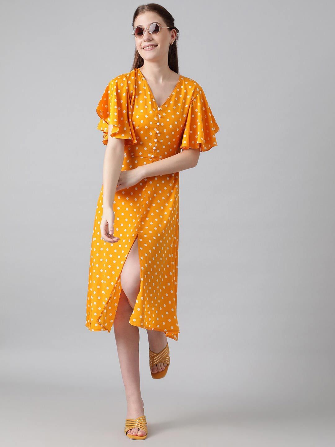 Kotty Yellow & White Polka Dots Printed Flared Sleeves A-Line Midi Dress