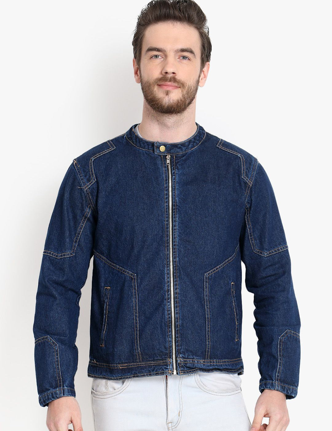Kotty Men Navy Blue Solid Denim Jacket