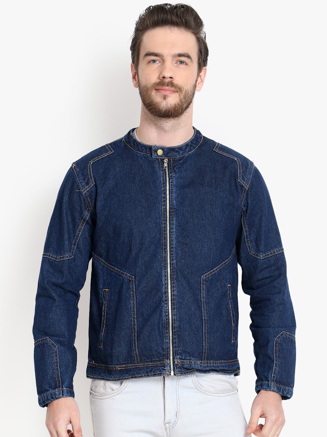 Kotty Men Navy Blue Solid Denim Jacket
