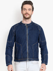 Kotty Men Navy Blue Solid Denim Jacket