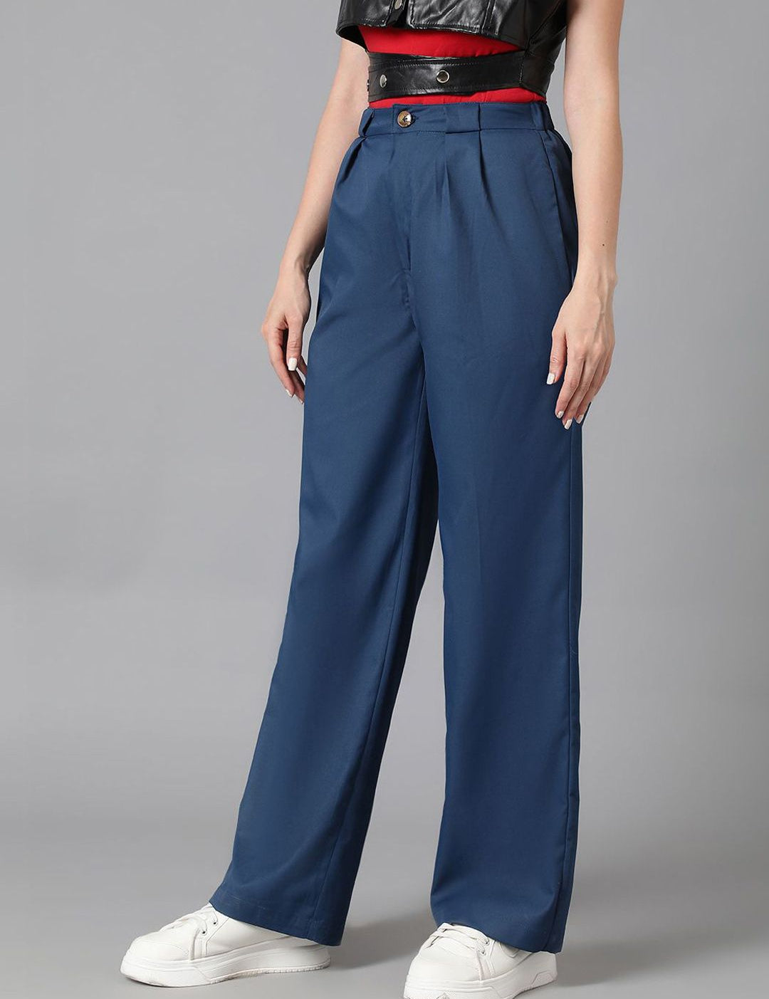KOTTY BIZwear Women Blue Straight Fit High-Rise Easy Wash Cotton Regular Trousers