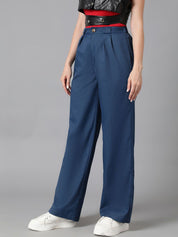 KOTTY BIZwear Women Blue Straight Fit High-Rise Easy Wash Cotton Regular Trousers
