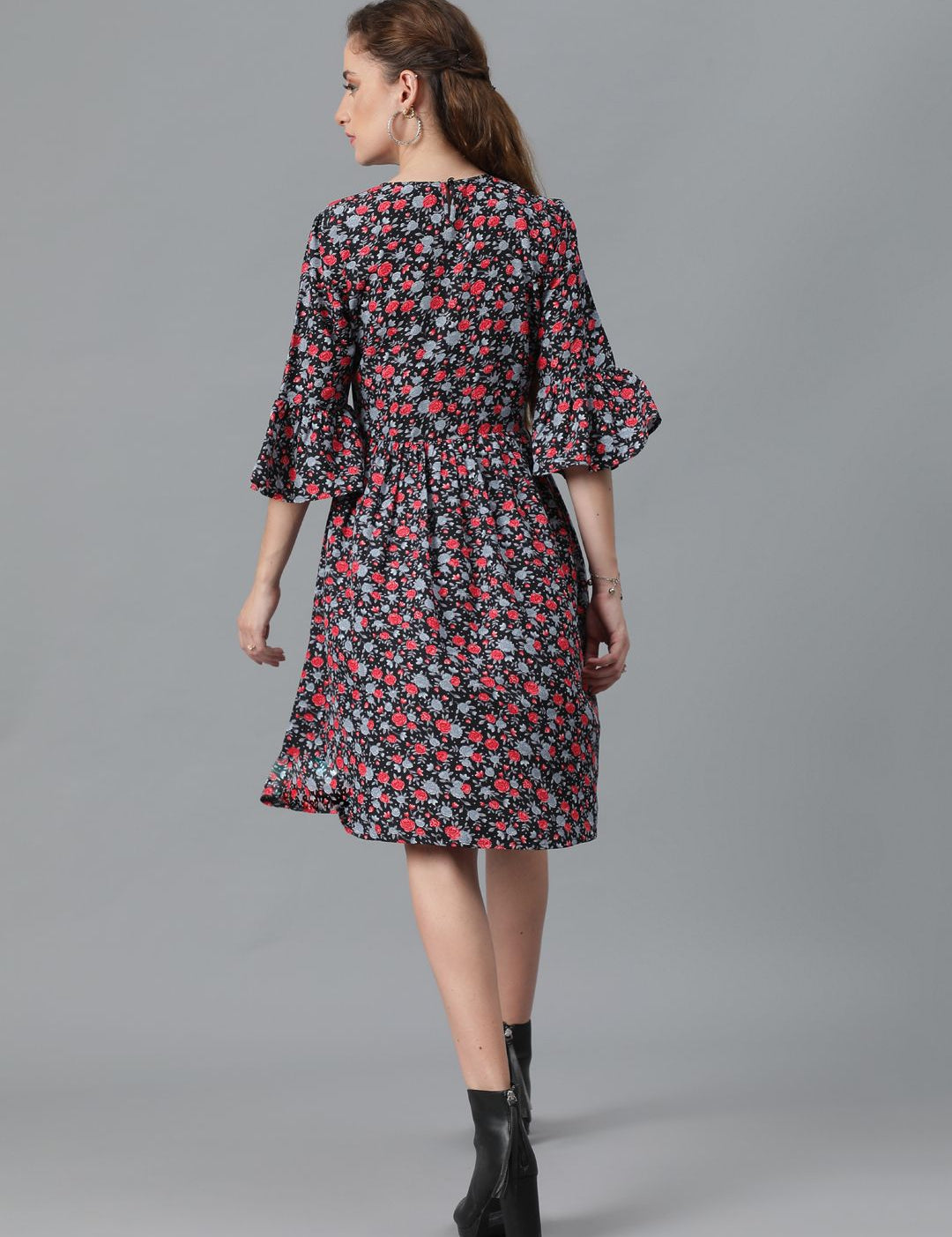 Kotty Floral Printed Bell Sleeve Gathered or Pleated Crepe A-Line Dress