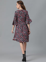 Kotty Floral Printed Bell Sleeve Gathered or Pleated Crepe A-Line Dress