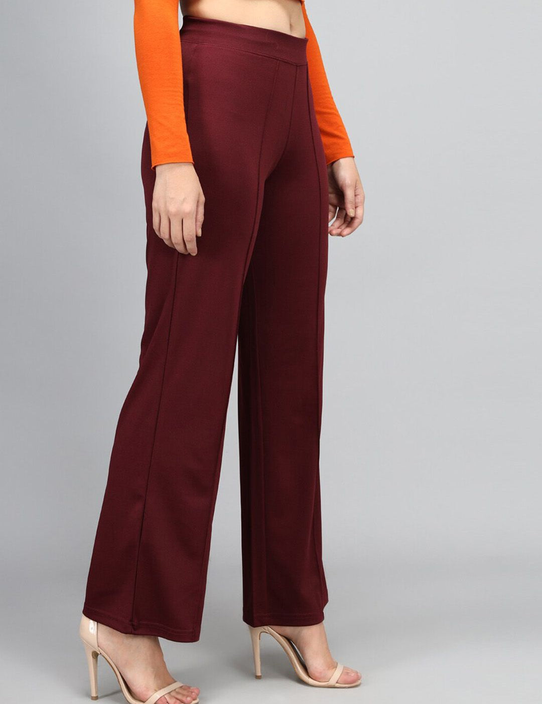 Kotty Women Maroon Solid High-Rise Bootcut Trousers
