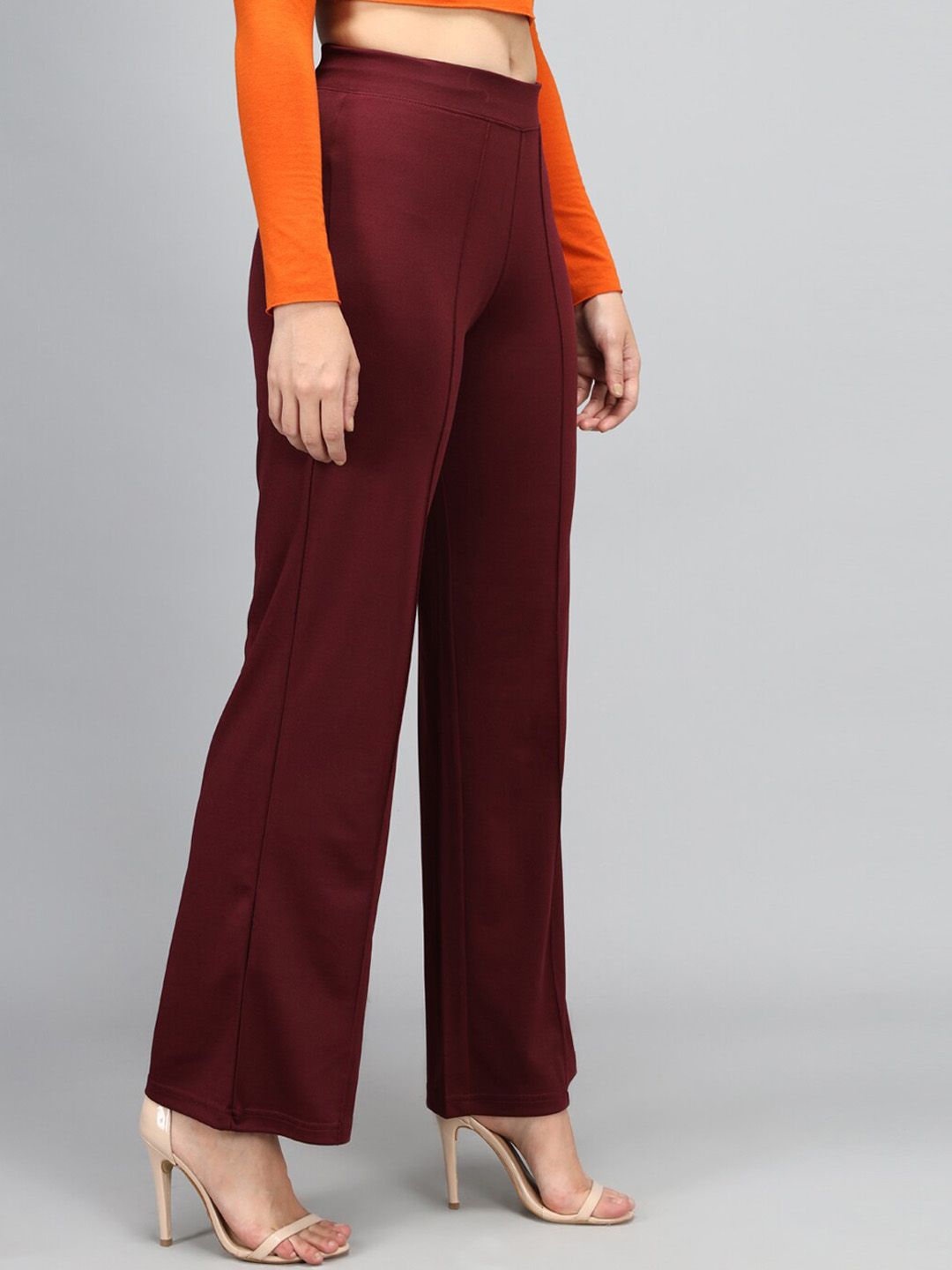 Kotty Women Maroon Solid High-Rise Bootcut Trousers