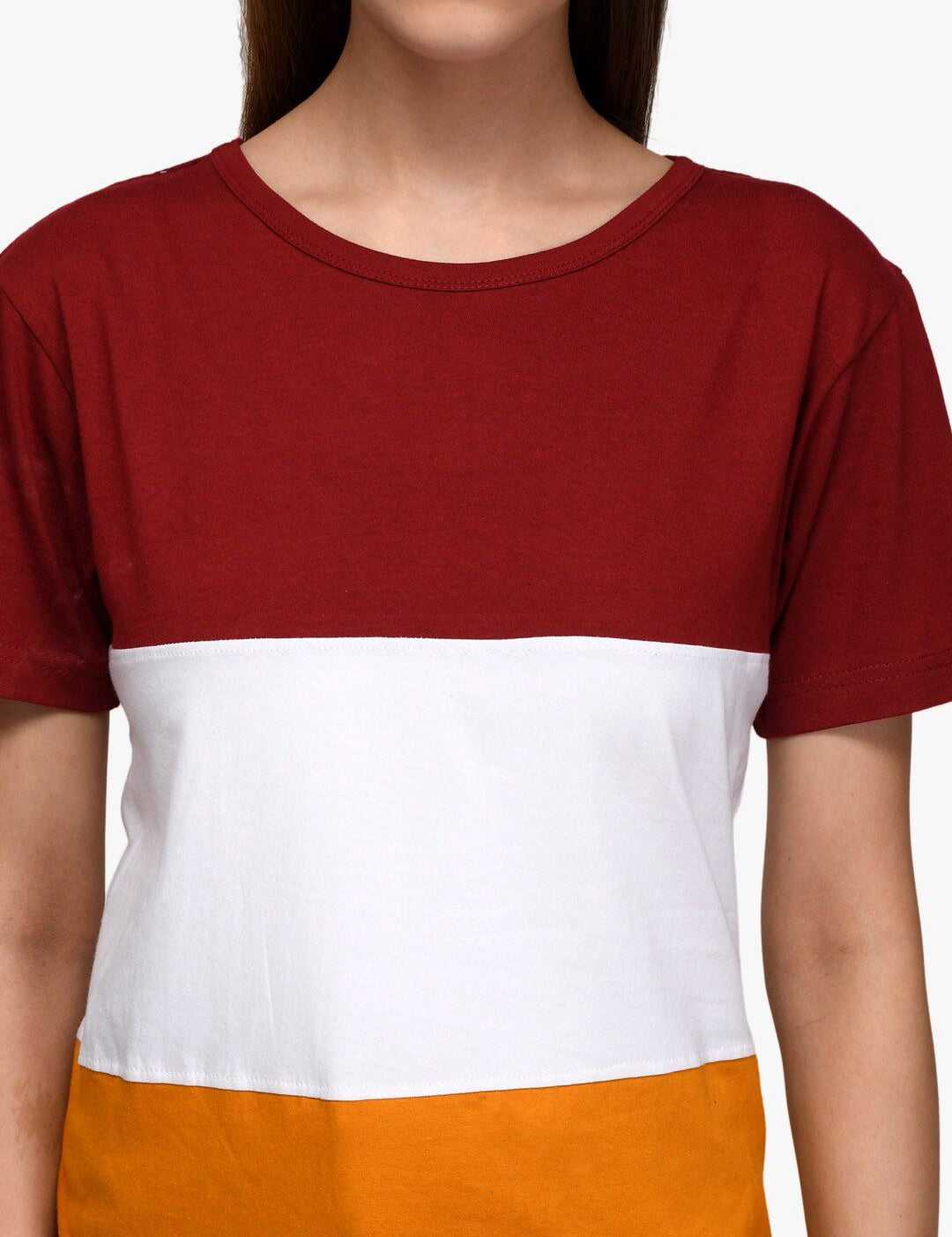 Kotty Women Red & White Colourblocked Round Neck T-shirt