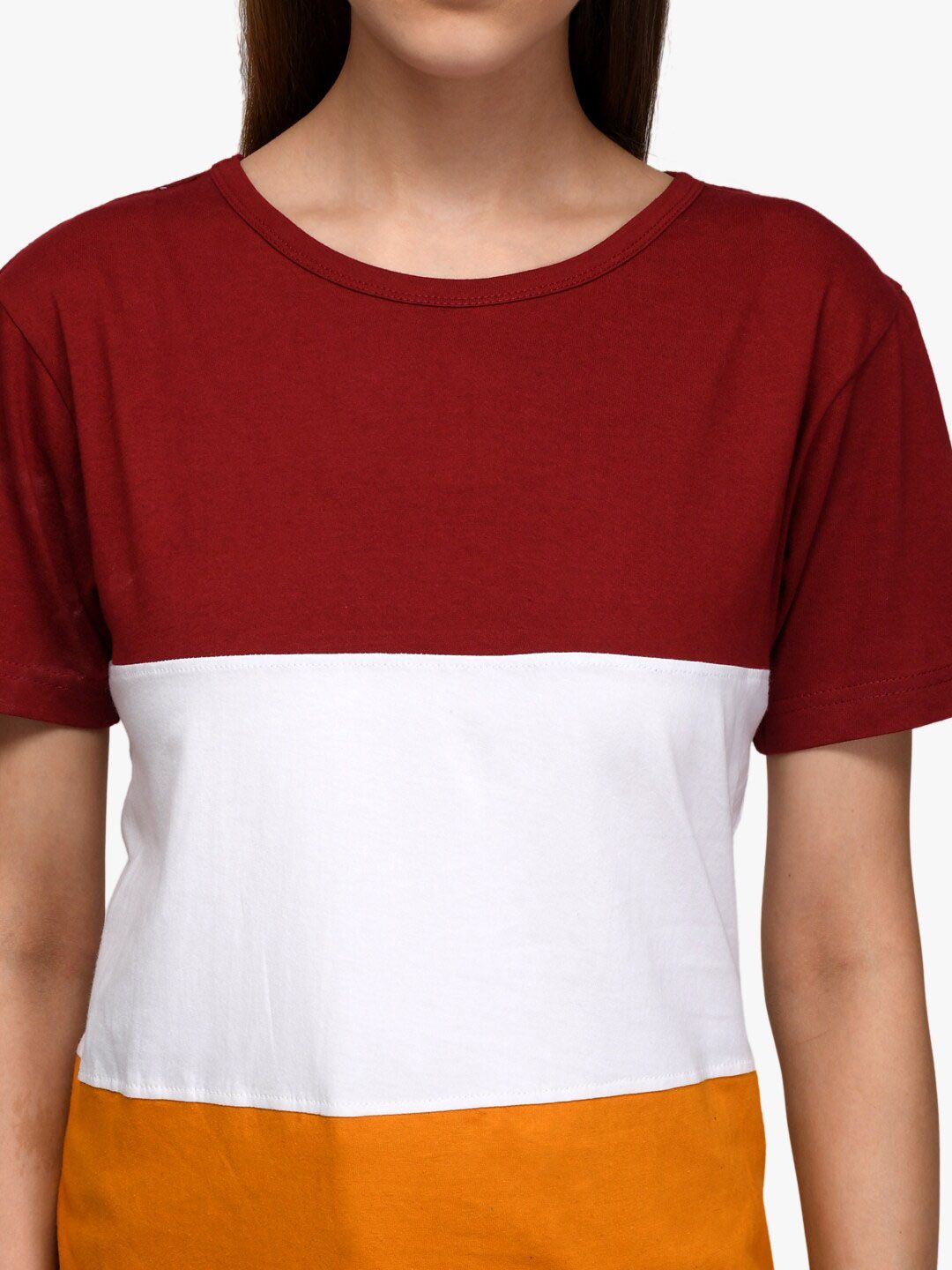 Kotty Women Red & White Colourblocked Round Neck T-shirt