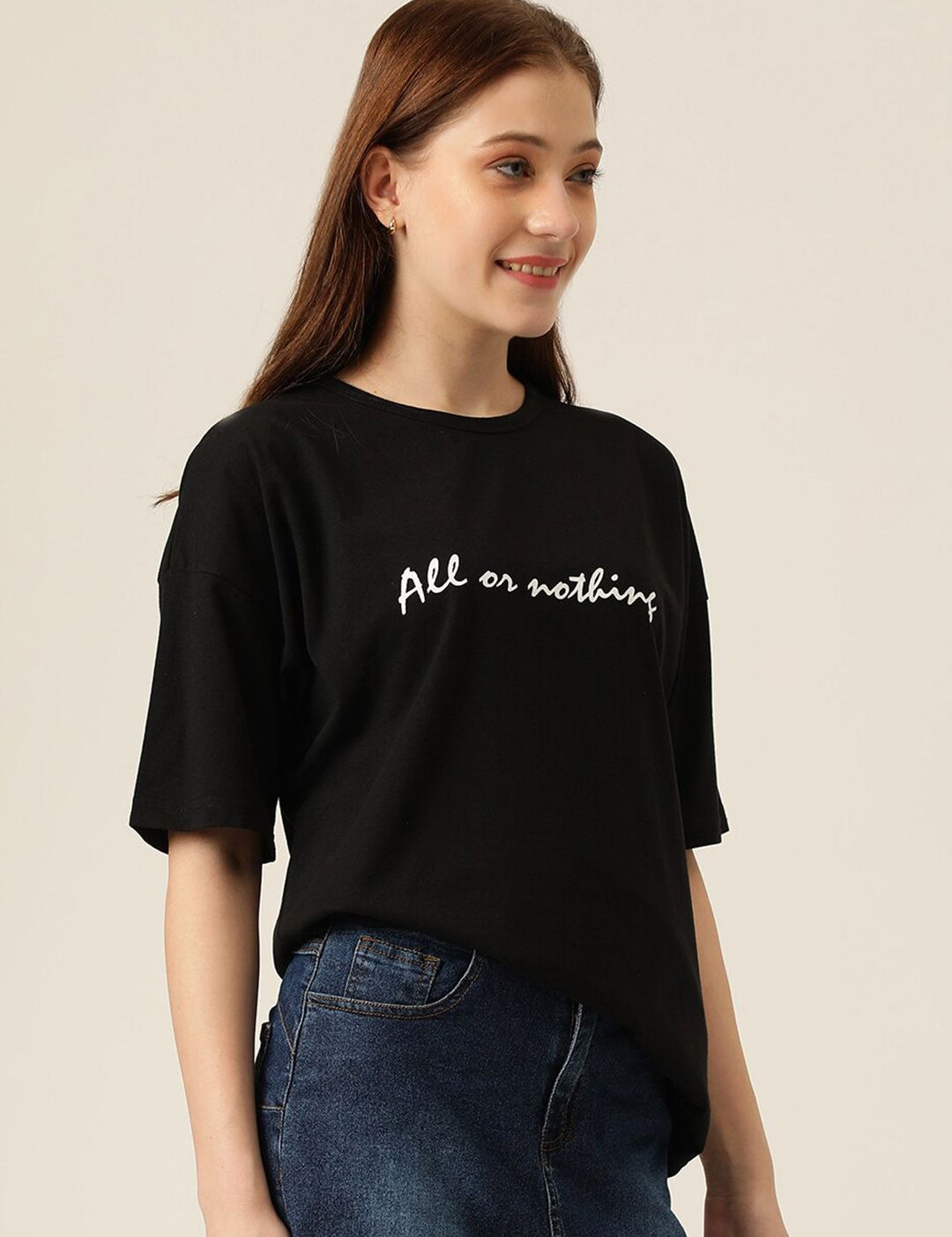 Kotty Typography Printed Drop-Shoulder Sleeves Oversized T-shirt