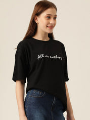 Kotty Typography Printed Drop-Shoulder Sleeves Oversized T-shirt