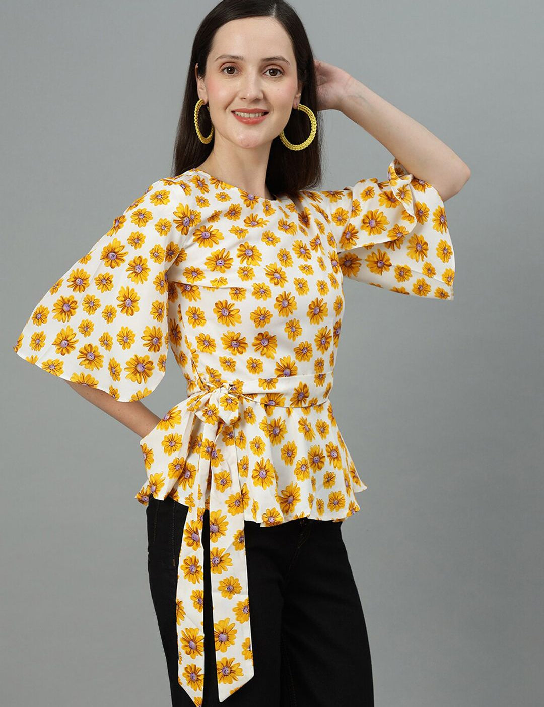 Kotty Floral Print Flared Sleeve Crepe Cinched Waist Top