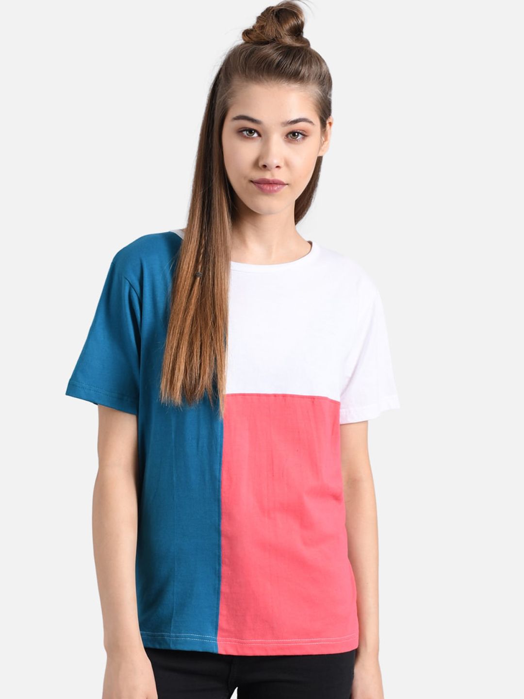 Kotty Women Pink & Yellow Pack of 2 Colourblocked Round Neck T-shirt