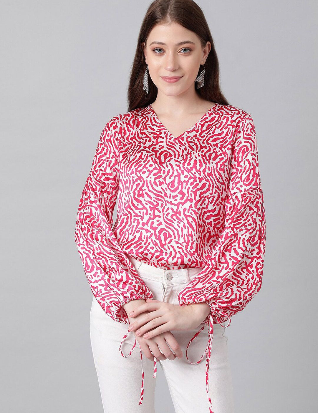 Kotty Red & White Animal Printed Puff Sleeve Satin Blouson Top
