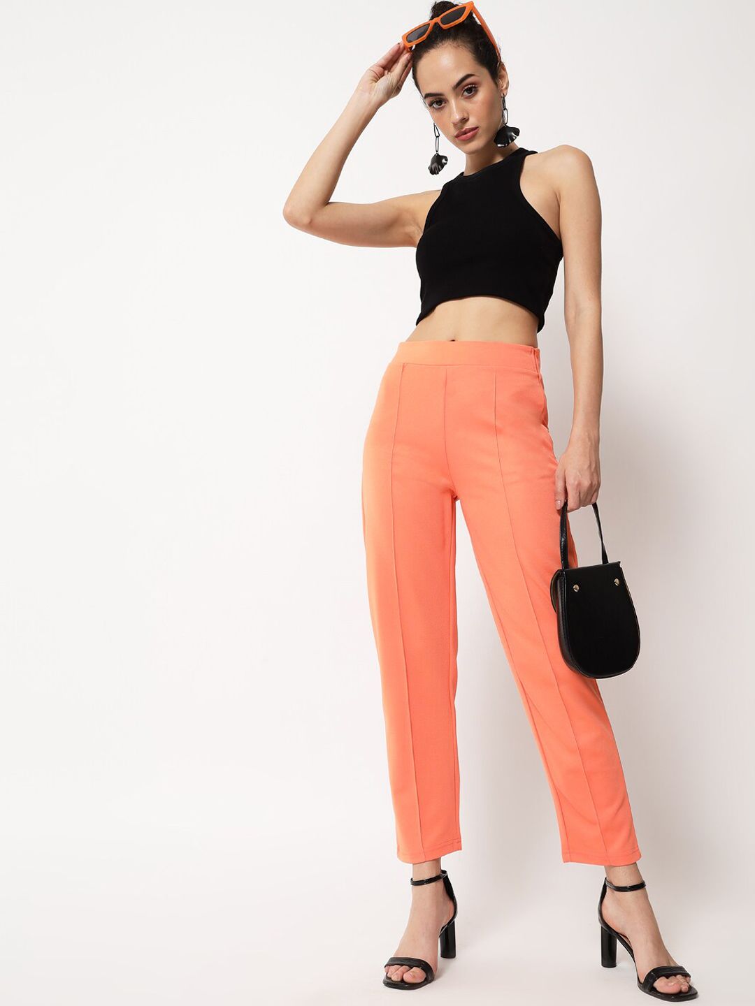 Kotty Women Orange Relaxed Straight Fit Easy Wash Trouser