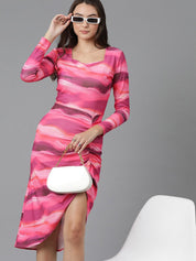 Kotty Printed Round Neck Three-Quarter Sleeves A-Line Midi Dress