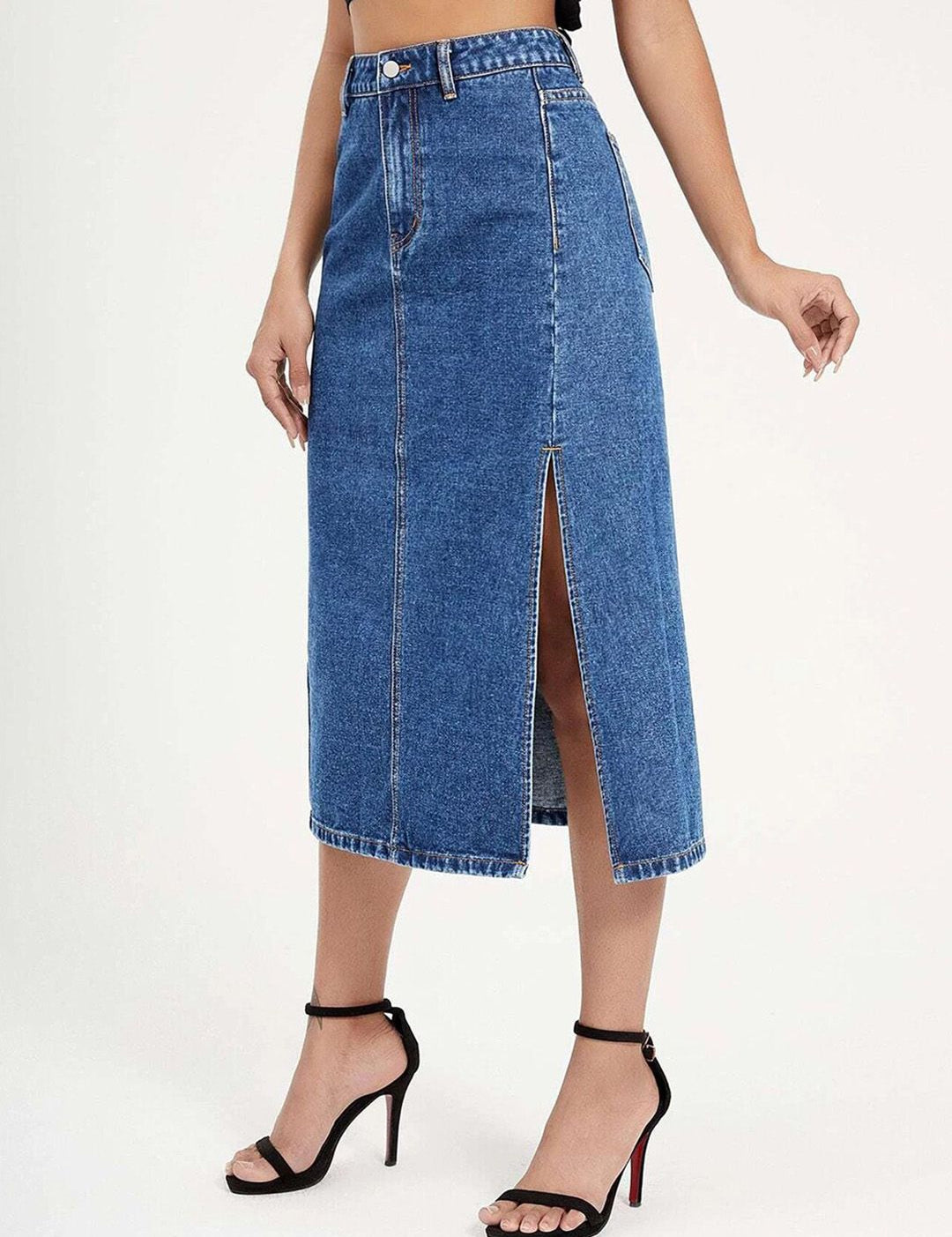 Kotty Slit Hem A-line Denim Midi Skirt