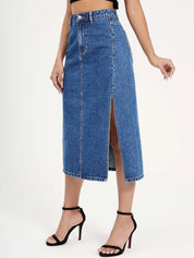 Kotty Slit Hem A-line Denim Midi Skirt