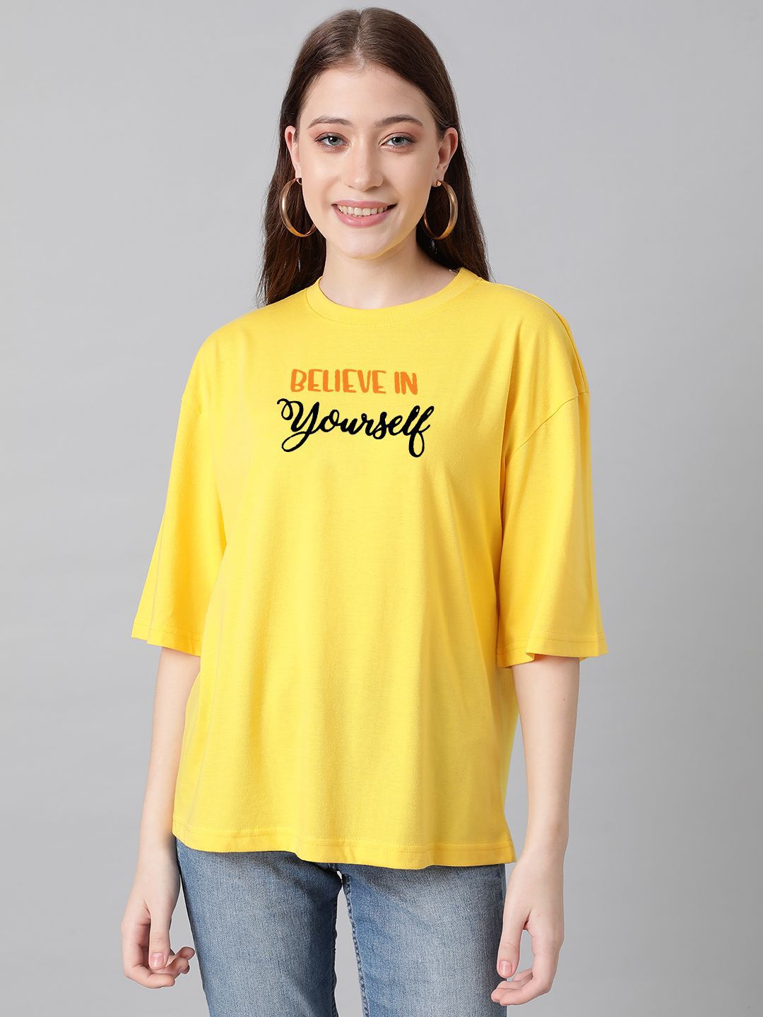 Kotty Yellow Graphic Printed Drop-Shoulder Sleeves Oversized Cotton  T-Shirt