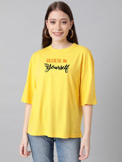 Kotty Yellow Graphic Printed Drop-Shoulder Sleeves Oversized Cotton  T-Shirt